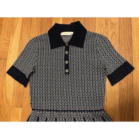 Tory Burch GEMINI LINK POLO DRESS Navy Blue White Size XS Jacquard NO BELT - Picture 4 of 8